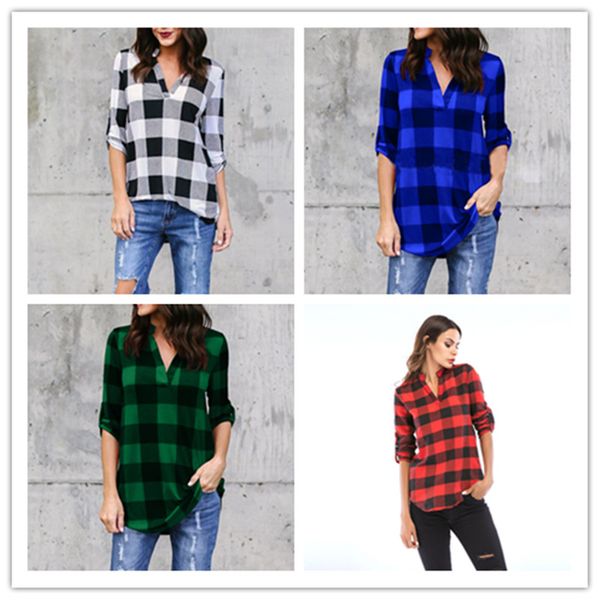 

plus size women maternity plaid pullover shirts buffalo plaids blouses fashion v neck long adjustable long sleeve autumn coat e110604, White