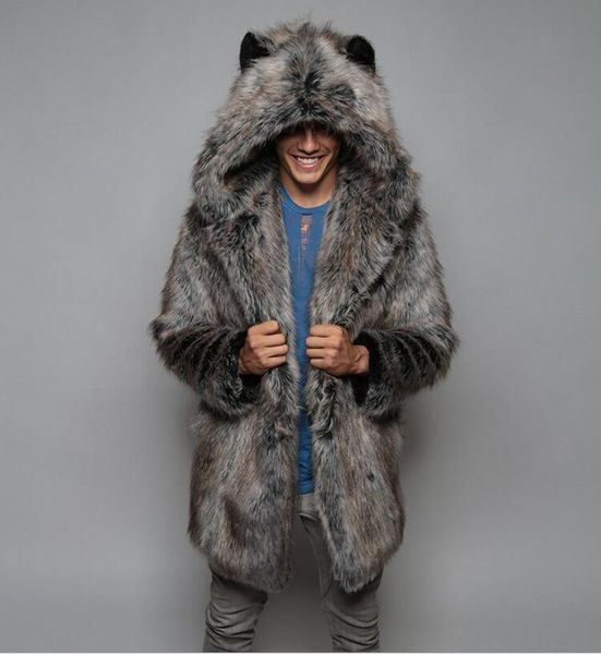 

european and american new faux fur jacket men's winter leisure warm coat men's long jacket style fur, Black