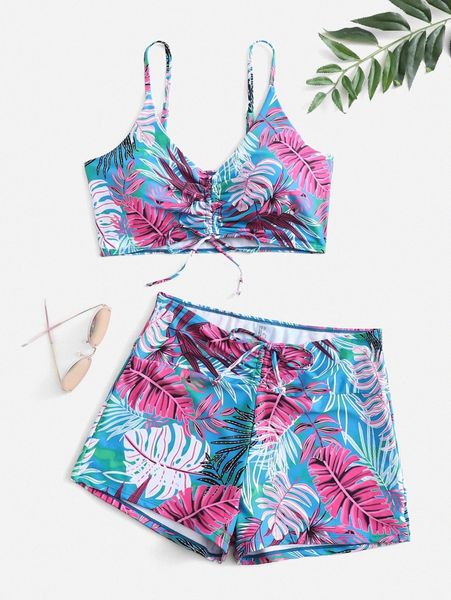 

plus plant print shorts bikini swimsuit i4fp#, Black