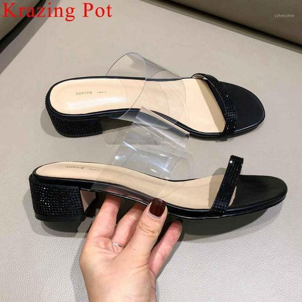 

dress shoes krazing pot young girls glitter crystals decoration slip on women sandals peep toe chunky med heels transparent pvc l401, Black