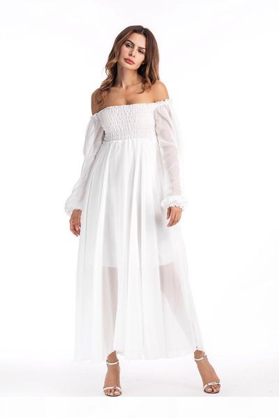 

off the shoulder dress with lantern sleeve high waist white color chiffon beach vacation holiday summer dresses for women, Black;gray