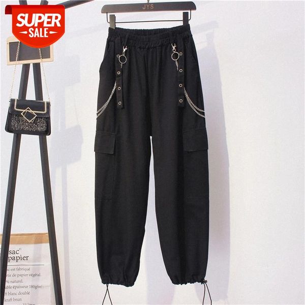 

new high waist elastic waist sweatpants women casual belt cargo pants loose harem pants women autumn chain woman trousers 10653 #io4l, Black;white