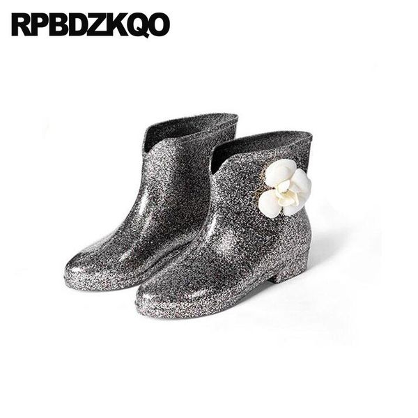 

boots big size booties low heel pvc chunky slip on kawaii shoes waterproof bling cute rubber rain rainboots bow flower women ankle, Black