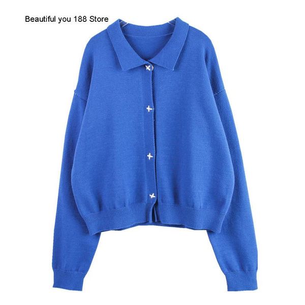 

early autumn 2021 new fashion simple loose casual sweet temperament embroidery pattern lapel long sleeve knitted cardigan, White