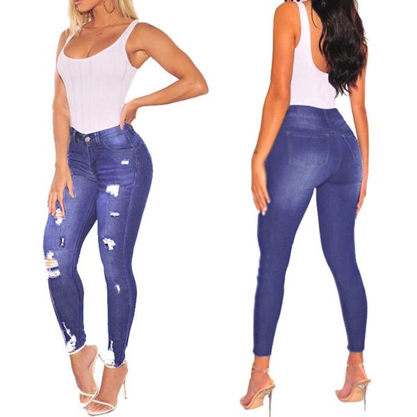 

new spring women jeans high waist jeans vintage tassel stretch female distressed hole denim skinny pencil pantsbottoms, Blue