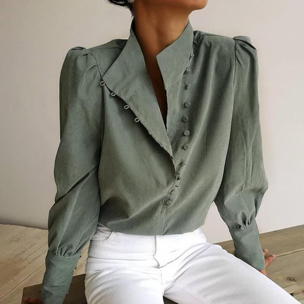 

2020 elegant green women blouse shirt retro solid female shirt puff sleeve casual work wear office lady streetwear clothes, White