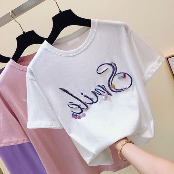 

летом 2019 нового корейского letter блестки короткий рукав для женщин футболки sequinssequins sequinsloose белой половины рукава футболка мо, White