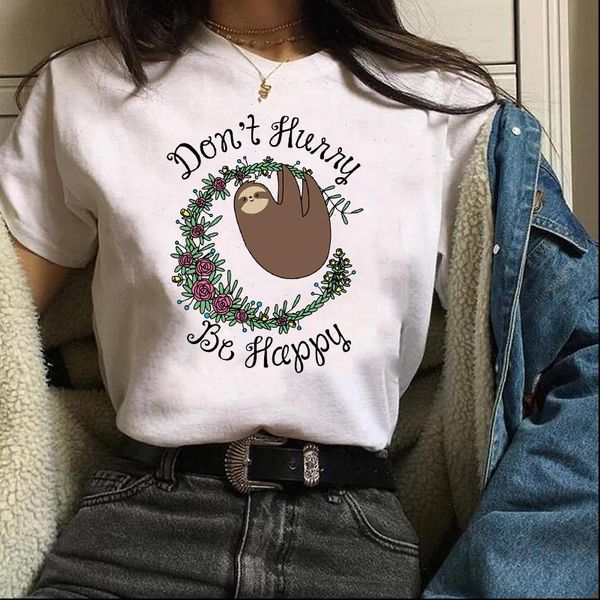 

women plaid be happy sloth animal cartoon short sleeve tees graphic female ladies womens lady t shirt t shirt t shirts, White