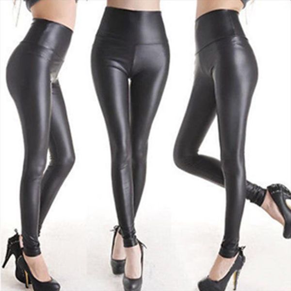 

2019 thicken winter pu leather women pants high waist elastic fleece stretch slim woman pencil pants skinny trousers w3, Black
