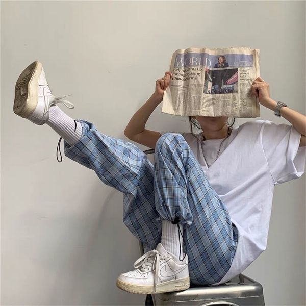 

jogger pants women fashion blue plaid loose high waist female trousers track hip hop harem pants pockets summer streetwear 201111, Black;white