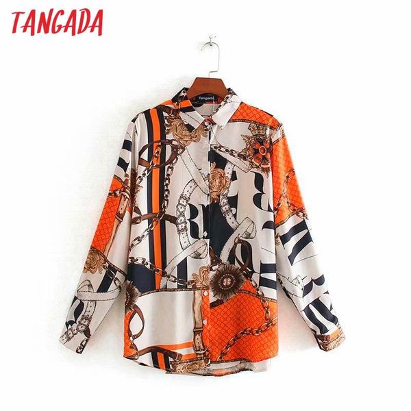 

tangada 2020 autumn women chain print shirt blouse long sleeve chic female casual loose shirt blusas femininas 4y3, White