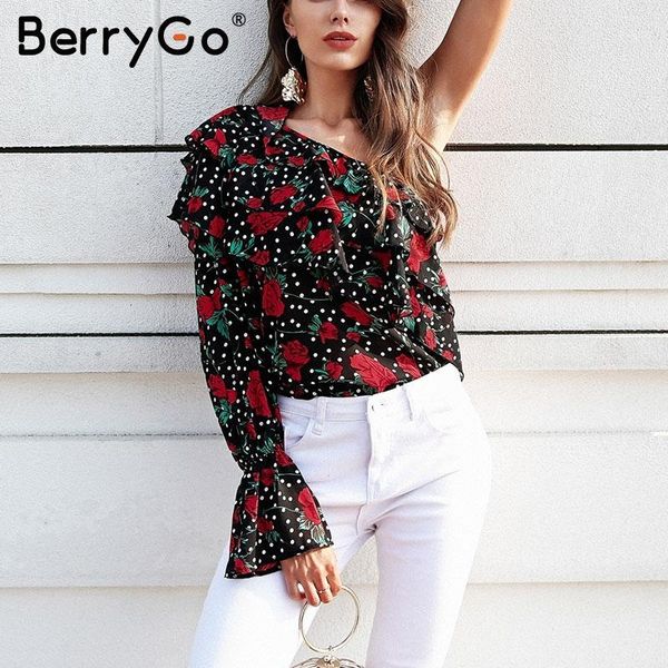 

berrygo one shoulder long sleeve ruffle blouse women floral print chiffon blouse shirt flare sleeve ladies summer 20201, White