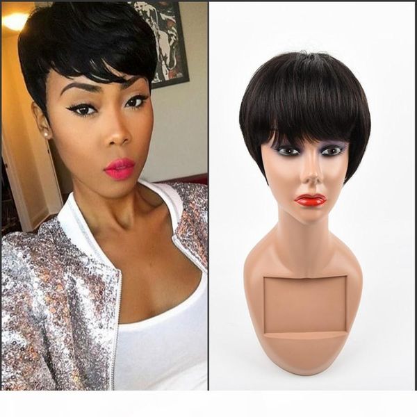 

short human hair wigs for women natural straight wigs 4" natural black 100% non-remy human hair full wigs, Black;brown