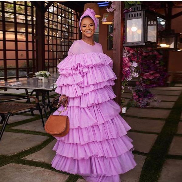 

casual dresses latest aso ebi lavender ruffles tulle long women fashion sleeves african party dress draped mesh robe, Black;gray