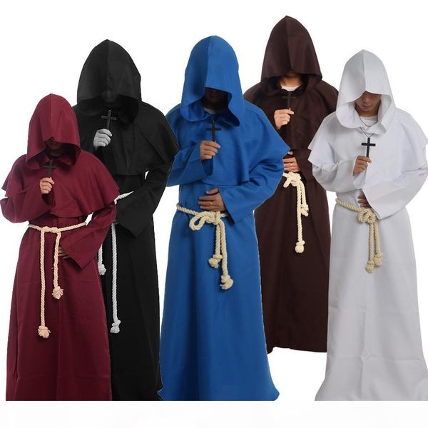 

medieval friar costume vintage renaissance priest monk cowl robes cosplay outfits with cross necklace for men gifts, Black;red