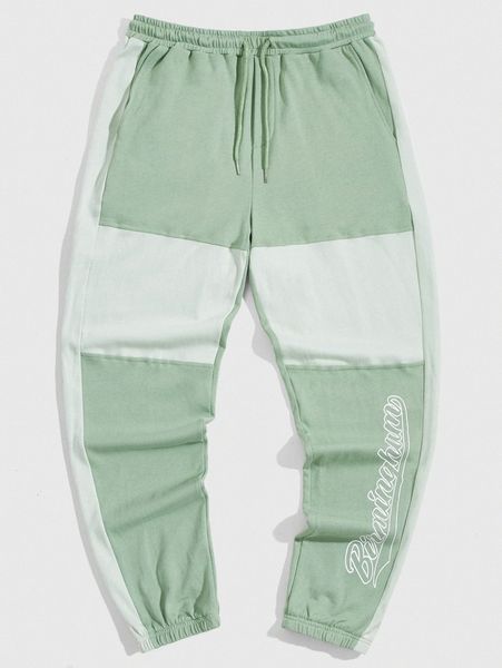 

men drawstring waist letter graphic two tone sweatpants p53c#, Black