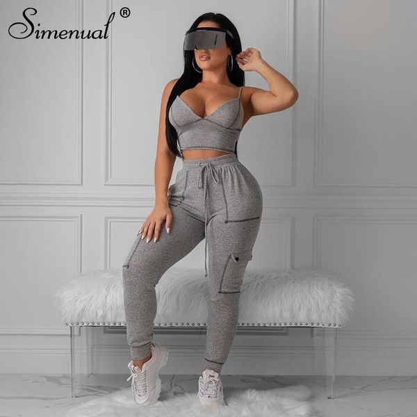 

simenual sporty fashion matching set women workout autumn jogger set pocket sleeveless and pants 2 piece outfits 201104, Gray