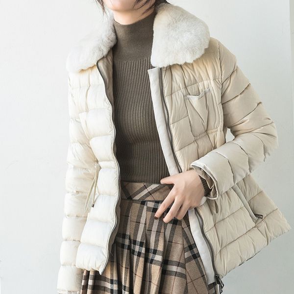 

ly varey lin winter women ultra light 90% white duck down parka warm large real rabbit's hair fur down jacket sash tie up coats 201125, Black