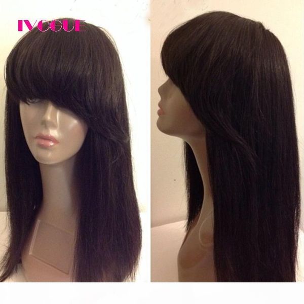 

silky straight human hair lace wigs with bangs brazilian virgin hair full lace wig glueless lace front wig for black women, Black;brown