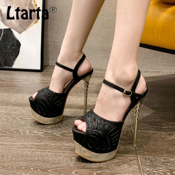 

sandals ltarta 2021 summer thick bottom women's shoes gold rhinestone stiletto heel waterproof platform peep-toe cwf1, Black