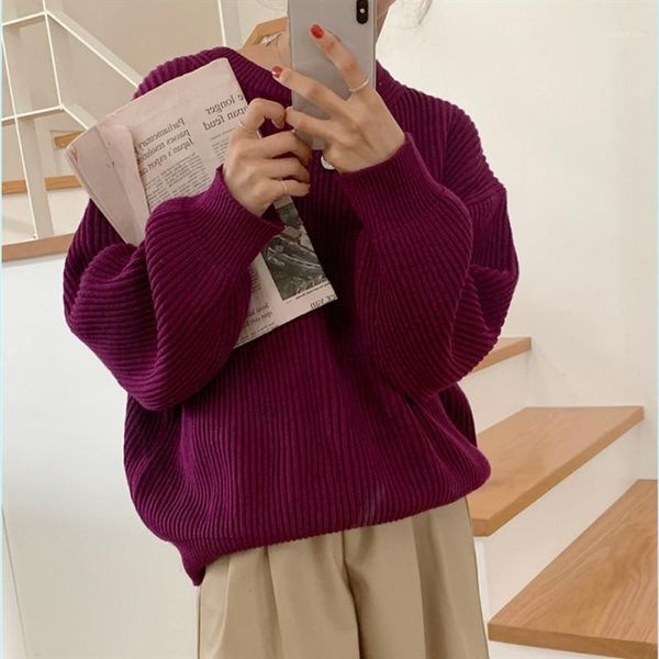 

hzirip 2020 autumn new women knitted sweater solid concise female pullover casual office lady o-neck loose sweet fashion1, White;black