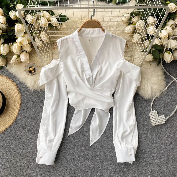 

2021 new fancy singiny off the shoulder women low-v button lace to blouse elegant autumn fashion thin shirts b03m, White