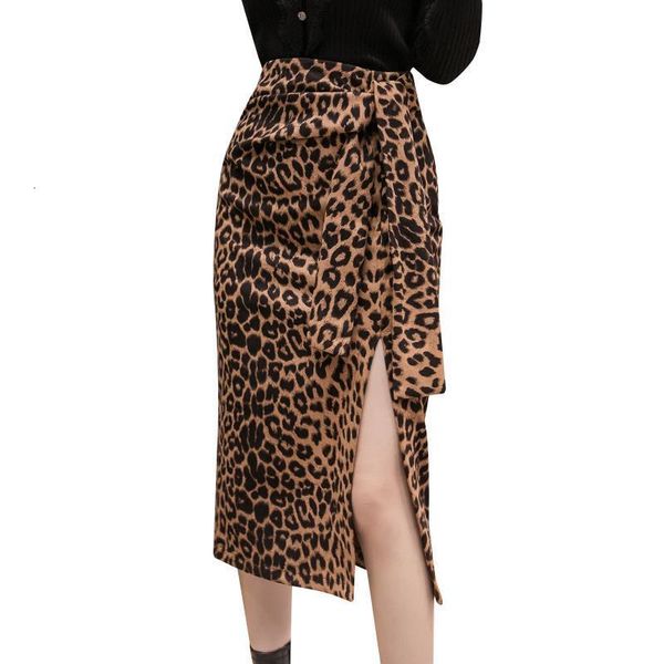 

2020 autumn leopard print suede skirts womens bandage high waist split evening party skirt ol office work ladies dot faldas saia, Black