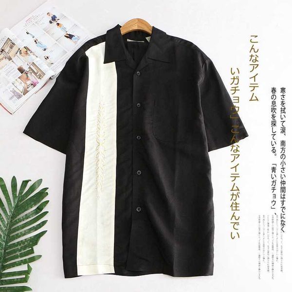 

embroidery rayon linen shirt men vintage summer short sleeve patchwork fashion casual blouse plus size black white all-match1, White;black