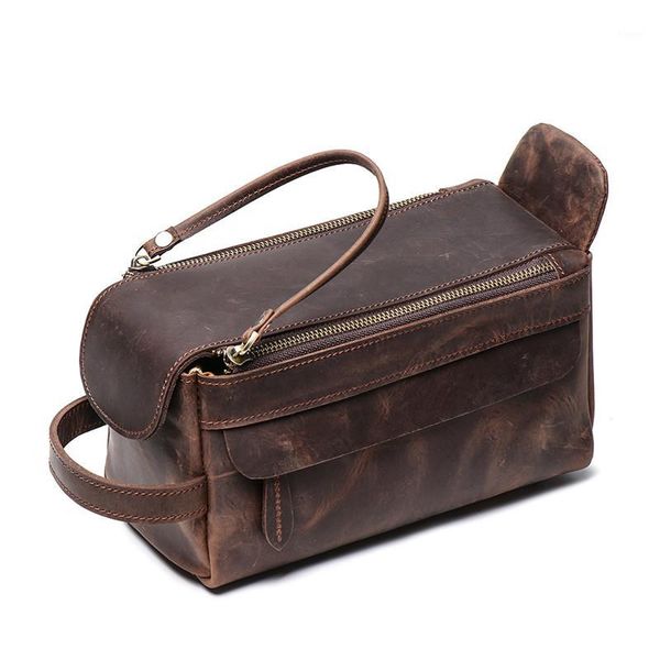 

nesitu vintage brown black thick genuine crazy horse leather women men cosmetic bag travel toiletry wash bag make up bags m90491