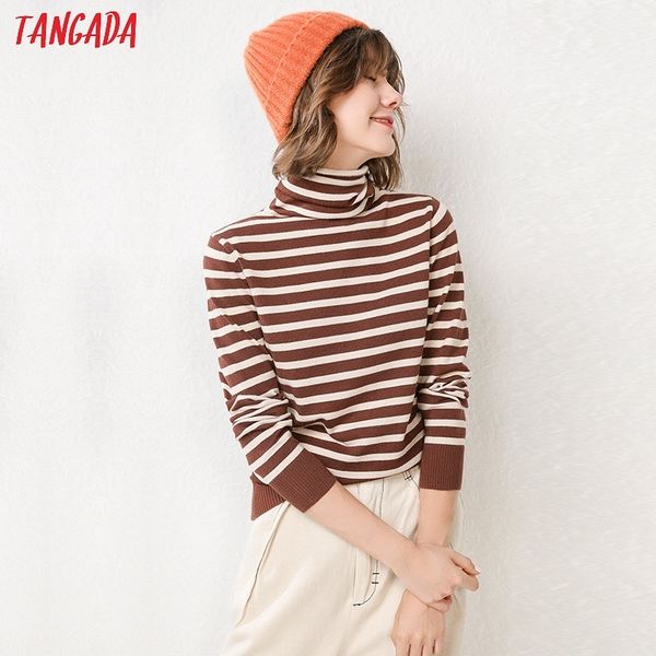 

tangada women striped turtleneck knitted sweaters long sleeve casual lady fashion pullovers winter stylish aqj16 y200910, White;black