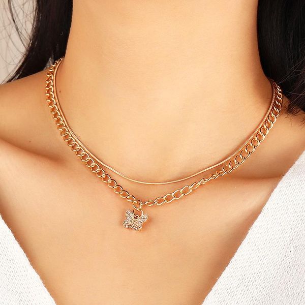 

chokers gold color rhinestone butterfly pendant choker necklace for women double chains clavicle chain layered necklaces female, Golden;silver