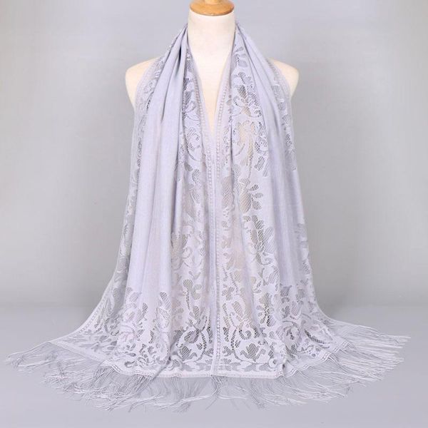 

new women elegant luxury thin shawls silk satin for ladies muslim islamic tassel lace hollow long hijab scarf shawl wrap stole, Blue;gray