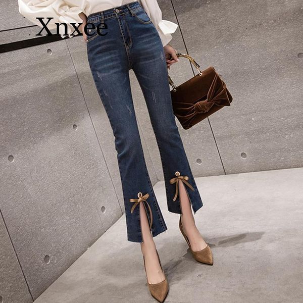 

women's jeans elegent spring summer high waist womens boot cut pants denim trousers slim elasticity jean ankle-length pant, Blue