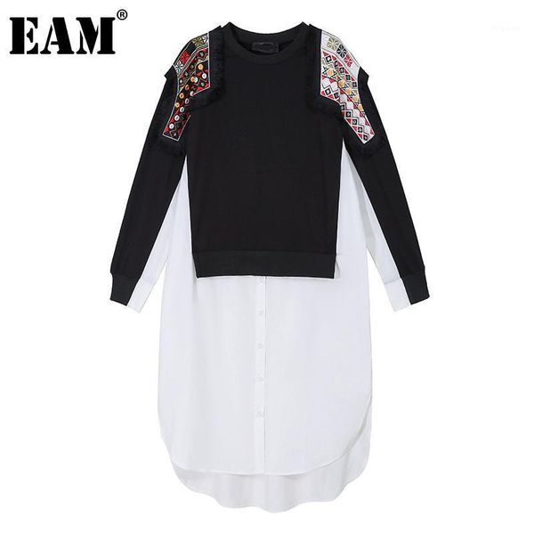 

eam] women black embroidery split midi dress new round neck long sleeve loose fit fashion tide spring autumn 2021 1dc6871, Black;gray