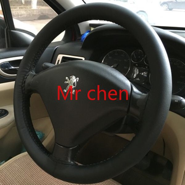 

сделай сам кожи ручной сшиты крышка руль для peugeot 206 207 307 308 логотип 408 508 301 черный