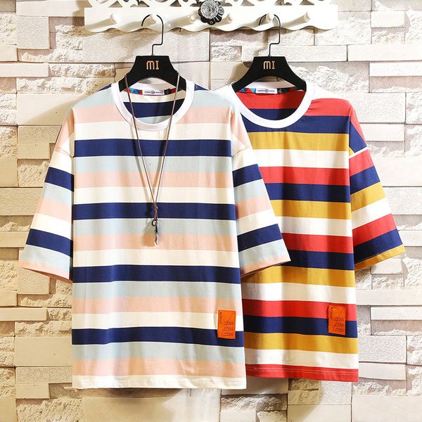 

2021 new summer short sleeves harajuku korea fashion striped t-shirt streetwear one piece hip hop punk men tees tshirt clothes aq8r, White;black