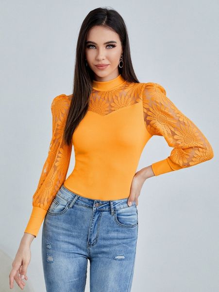 

mock neck embroidery mesh yoke c1af#, White