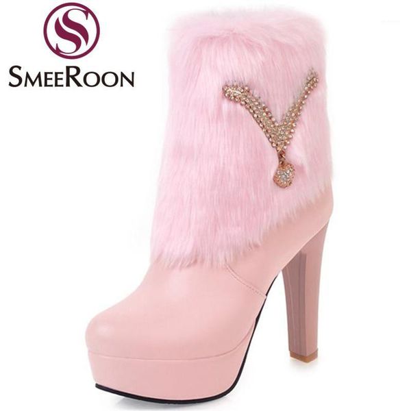 

smeeroon fashion platform round toe ankle boots for women sweet high heels boots keep warm winter elegant prom shoes woman1, Black