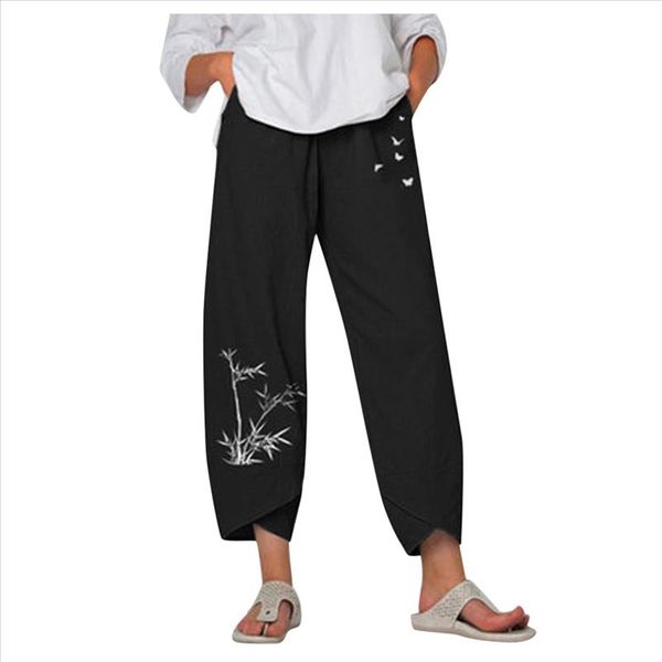 

linen elastic waist wide leg pants women casual daisy print embroidery cotton summer holiday long pants waist, Black;white