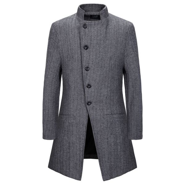 

men designer vintage trench coats stand collar woolen single breasted mid-length windbreakers coat winter men jacket overcoat outwear, Tan;black