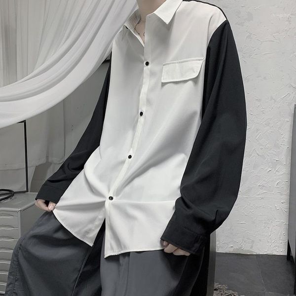 

autumn men shirt harajuku fashion 2020 long sleeve men casual shirts patchwork color fake pocket loose blouse homme 5xl1, White;black