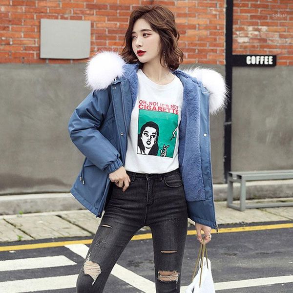 

mid-length hooded fur collar down padded jacket women warm outerwear 2021 winter thick lambswool lining cotton coat female dh1221, Black