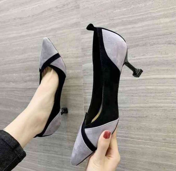 

quality black grey suede genuine leather matched kitten heels shoes ladies fashion