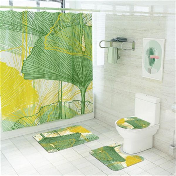 

4pcs/set bathroom mat set non-slip bath mat coral fleece print ginkgo leaf shower curtain floor washable bathroom toilet rug