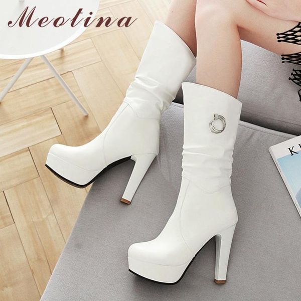 

meotina winter mid calf boots women pleated platform chunky heels boots pu leather super high heel shoes female fall big size 43, Black