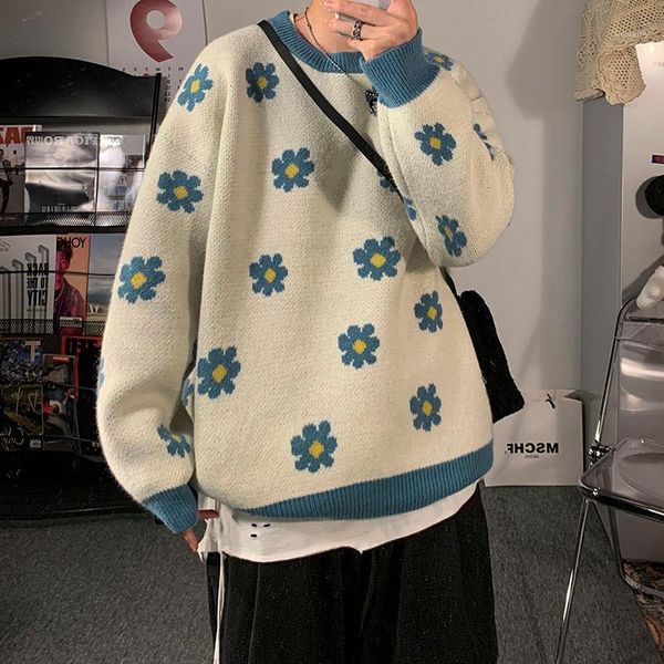 

2020 autumn and winter new men's color knitting flower fashion casual round neck sweater loose and simple coat size -2xl1, White;black