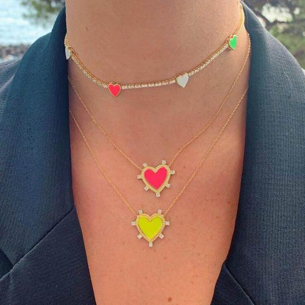 

cz tennis enamel heart choker chain in necklace blue pink white purple yellow women beach style wedding charm necklace jewelry, Silver