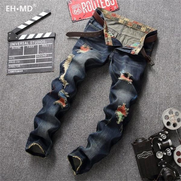 

eh·md® rainbow color scratched jeans men's ripped embroidered geometric shape straight cotton soft stretch slim blue pants 2021