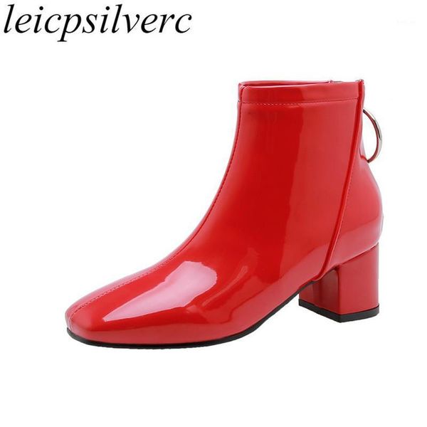 

women boots autumn winter high heel zip square toe ankle patent-leather 2021 new fashion boots white plush big size34-481, Black