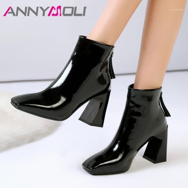 

boots annymoli genuine leather extreme high heel ankle women shoes square toe hoof heels zip short autumn winter wine red1, Black